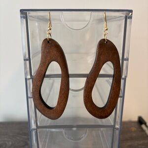 Wooden Hollow Teardrop Dangle Earrings – Dark Brown - Item 0336